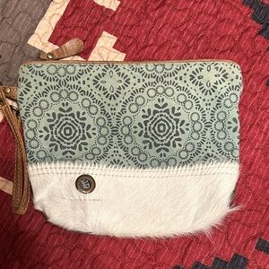Myra Bag Green and Cream Patterned Clutch